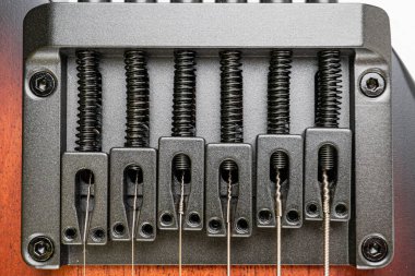 Görüntü, metal plaka boyunca eşit olarak dağılmış 12 yaylı elektrikli gitarcı yankesiciler montajının ayrıntılı bir görüntüsünü gösteriyor.