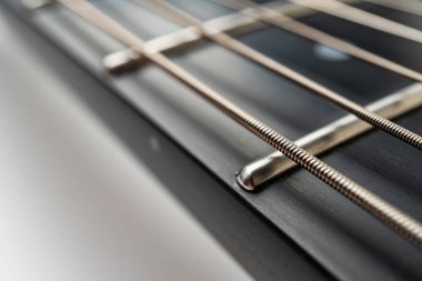 Bir gitar köprüsünün yakın plan görüntüsü hassasiyet ve zanaatkarlık, çelik tellerin altını çizmek, vidalar, kalın ahşap ve müzisyenleri hedef alan promosyon materyalleri için fonksiyonel karmaşıklık