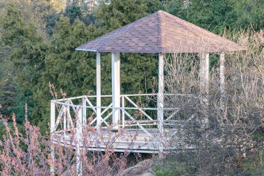 Park ortamında ahşap çardak, öğleden sonra geç saatlerde, kiremitli çatı, dikey direkler, korkuluk, dekoratif taban, açık alan, ağaçlar, soluk renkler kahverengi, yeşilimsi yeşillikler, gökyüzü, yan görünüm, peo yok.