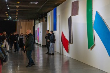 Geniş ekran bölümü, canlı renkler kırmızı, mavi, yeşil, sarı, beyaz, Kyiv, Ukrayna 10-20-2024 'te renkli geometrik sanat eserleriyle kapalı galeri veya sergi alanı