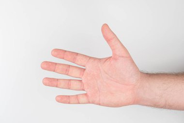 Açık tenli, çıplak bir el ve kolun yakın plan çekimi tarafsız bir arkaplana karşı, görünürdeki damarlar elin arkasında, açık bir şekilde iç mekan aydınlatmasıyla elde edilir.