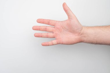 Açık tenli bir elin, tarafsız bir arkaplana karşı yakın çekimi, avuç içi çizgilerini, hatta ışıklandırma, iç mekan ayarları, düz bir fotoğraf tarzı altında göstererek