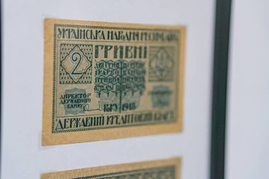 Tarihsel, yaşlanmış Ukrayna banknotu bir yüzeye yapıştırılmış mavi, yeşil, mor ve sarı renkte bir portre ve karmaşık desenler hem sol hem de sağ tarafta natura altında 3 boyutlu bir etki gösteriyor