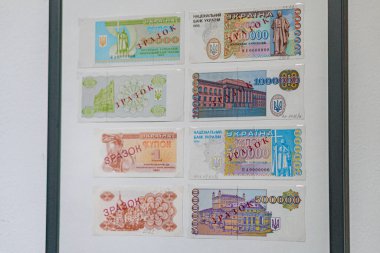 Beyaz yüzeyde üst üste binen çok uluslu banknotların düzenlenmesi, ulusal semboller, simgeler ve portreler dahil olmak üzere çeşitli tasarımların yer alması,