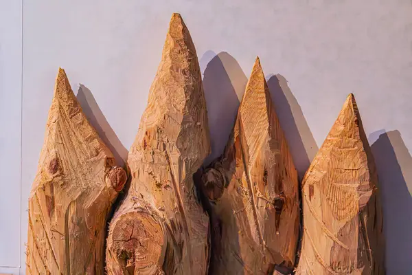 Ahşap heykel koleksiyonu, totem direkleri ya da soyut doğal formlar gibi, beyaz bir duvara karşı düzenlenmiş kahverengi ahşap görünür tahıldan yapılmış açılı aydınlatma sanatının yumuşak gölgeleri