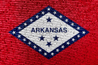 Teknoloji geçmişinde Arkansas bayrağı olan dijital bir kavram. Arkansas, siber güvenlik, programlama ve dijital egemenlik bağlamında. Arkansas 'taki site geliştirmenin sembolik görüntüsü.