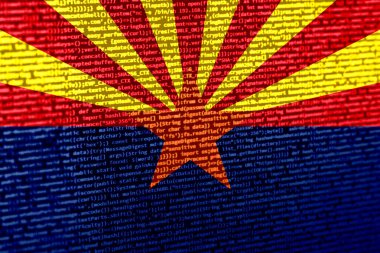 Arizona bayrağıyla donatılmış dijital bir kavram. Arizona, siber güvenlik, programlama ve dijital egemenlik bağlamında. Arizona 'daki site gelişiminin sembolik görüntüsü.