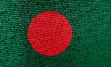 Teknoloji geçmişinde Bangladeş bayrağı olan dijital bir kavram. Siber güvenlik, programlama ve dijital egemenlik bağlamında Bangladeş. Bangladeş 'te site geliştirmenin sembolik görüntüsü.