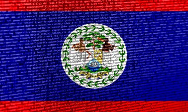 Teknoloji arka planında Belize bayrağı olan dijital bir kavram. Siber güvenlik, programlama ve dijital egemenlik bağlamında Belize etmek. Belize 'deki site gelişiminin sembolik görüntüsü.