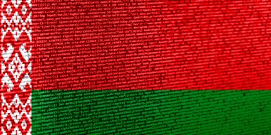 Teknoloji arka planında Belarus bayrağı olan dijital bir kavram. Belarus, siber güvenlik, programlama ve dijital egemenlik bağlamında. Belarus 'taki site gelişiminin sembolik görüntüsü.