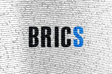 Teknoloji arka planında BRICS bayrağı olan dijital bir kavram. Siber güvenlik, programlama ve dijital egemenlik bağlamında BRICS. BRICS 'te site geliştirmenin sembolik görüntüsü.