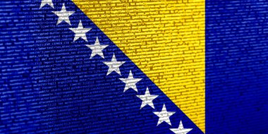 Teknoloji arka planında Bosna-Hersek bayrağı olan dijital bir kavram. Bosna-Hersek siber güvenlik, programlama ve dijital egemenlik bağlamında. Alan ayrımının sembolik görüntüsü
