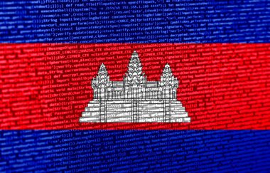 Teknoloji geçmişinde Kamboçya bayrağı olan dijital bir kavram. Siber güvenlik, programlama ve dijital egemenlik bağlamında Kamboçya. Kamboçya 'daki site geliştirmenin sembolik görüntüsü.