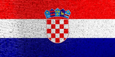 Teknoloji arka planında Hırvatistan bayrağı olan dijital bir kavram. Hırvatistan siber güvenlik, programlama ve dijital egemenlik bağlamında. Hırvatistan 'daki site gelişiminin sembolik görüntüsü.