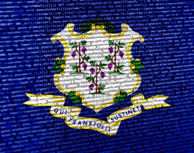 Teknik arka planda Connecticut bayrağı olan dijital bir kavram. Connecticut, siber güvenlik, programlama ve dijital egemenlik bağlamında. Connecticut 'taki site gelişiminin sembolik görüntüsü