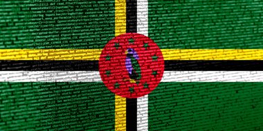 Teknoloji arka planında Dominica bayrağı olan dijital bir kavram. Siber güvenlik, programlama ve dijital egemenlik bağlamında Dominica. Dominica 'daki site geliştirmenin sembolik görüntüsü.