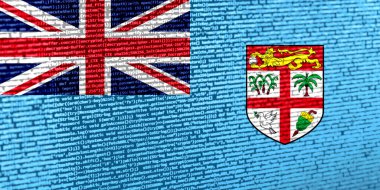 Teknoloji arka planında Fiji bayrağı olan dijital bir kavram. Fiji siber güvenlik, programlama ve dijital egemenlik bağlamında. Fiji 'deki site geliştirmenin sembolik görüntüsü.