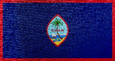 Teknoloji arka planında Guam bayrağı olan dijital bir kavram. Guam, siber güvenlik, programlama ve dijital egemenlik bağlamında. Guam 'da site geliştirmenin sembolik görüntüsü.