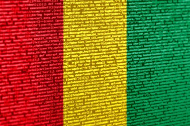 Teknoloji arka planında Gine bayrağı olan dijital bir kavram. Siber güvenlik, programlama ve dijital egemenlik bağlamında Gine. Gine 'de site geliştirmenin sembolik görüntüsü.