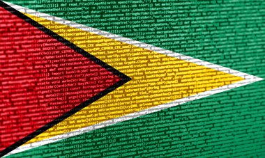Teknoloji arka planında Guyana bayrağı olan dijital bir kavram. Siber güvenlik, programlama ve dijital egemenlik bağlamında Guyana. Guyana 'daki site geliştirmenin sembolik görüntüsü.