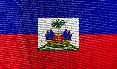 Teknoloji arka planında Haiti bayrağı olan dijital bir kavram. Siber güvenlik, programlama ve dijital egemenlik bağlamında Haiti. Haiti 'deki site geliştirmenin sembolik görüntüsü.