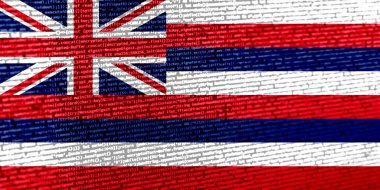 Teknoloji arka planında Hawaii bayrağı olan dijital bir kavram. Siber güvenlik, programlama ve dijital egemenlik bağlamında Hawaii. Hawaii 'deki inşaat alanının sembolik görüntüsü.