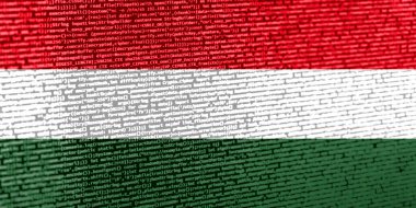 Teknoloji arka planında Macaristan bayrağı olan dijital bir kavram. Macaristan siber güvenlik, programlama ve dijital egemenlik bağlamında. Macaristan 'daki inşaat alanının sembolik imajı.
