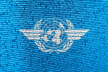 Teknoloji geçmişinde ICAO bayrağı olan dijital bir kavram. Siber güvenlik, programlama ve dijital egemenlik bağlamında ICAO. ICAO 'da site geliştirmenin sembolik görüntüsü.