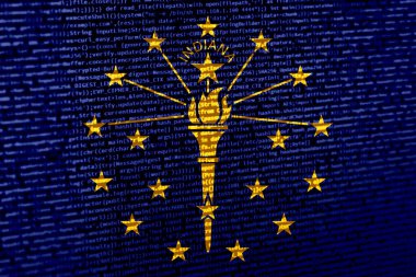 Teknoloji arka planında Indiana bayrağı olan dijital bir kavram. Indiana, siber güvenlik, programlama ve dijital egemenlik bağlamında. Indiana 'daki site geliştirmenin sembolik görüntüsü.