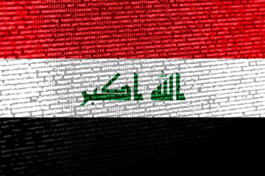 Teknoloji geçmişinde Irak bayrağı olan dijital bir kavram. Irak, siber güvenlik, programlama ve dijital egemenlik bağlamında. Irak 'taki inşaat alanının sembolik imajı.