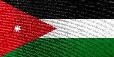 Teknoloji arka planında Jordan bayrağı olan dijital bir kavram. Ürdün, siber güvenlik, programlama ve dijital egemenlik bağlamında. Ürdün 'deki site geliştirmenin sembolik görüntüsü.