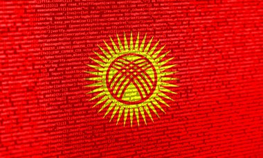 Teknoloji geçmişinde Kırgızistan bayrağı olan dijital bir kavram. Kırgızistan siber güvenlik, programlama ve dijital egemenlik bağlamında. Kırgızistan 'daki site gelişiminin sembolik görüntüsü.