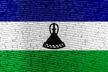 Teknik arkaplanda Lesotho bayrağı olan dijital bir kavram. Siber güvenlik, programlama ve dijital egemenlik bağlamında Lesotho. Lesotho 'da site geliştirmenin sembolik görüntüsü.