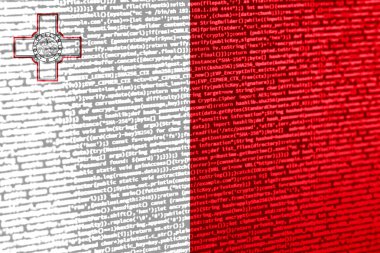 Teknoloji arka planında Malta bayrağı olan dijital bir kavram. Malta, siber güvenlik, programlama ve dijital egemenlik bağlamında. Malta 'daki site geliştirmenin sembolik görüntüsü.