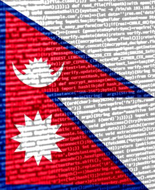 Teknoloji arka planında Nepal bayrağı olan dijital bir kavram. Siber güvenlik, programlama ve dijital egemenlik bağlamında Nepal. Nepal 'de site geliştirmenin sembolik görüntüsü.