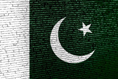 Teknoloji arka planında Pakistan bayrağı olan dijital bir kavram. Siber güvenlik, programlama ve dijital egemenlik bağlamında Pakistan. Pakistan 'daki site geliştirmenin sembolik görüntüsü.