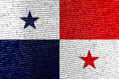Teknoloji arka planında Panama bayrağı olan dijital bir kavram. Panama, siber güvenlik, programlama ve dijital egemenlik bağlamında. Panama 'daki site geliştirmenin sembolik görüntüsü.