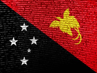 Teknik arkaplanda Papua Yeni Gine bayrağı olan dijital bir kavram. Papua Yeni Gine siber güvenlik, programlama ve dijital egemenlik bağlamında. P içinde site geliştirmenin sembolik görüntüsü