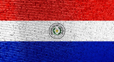 Teknoloji arka planında Paraguay bayrağı olan dijital bir kavram. Siber güvenlik, programlama ve dijital egemenlik bağlamında Paraguay. Paraguay 'da site geliştirmenin sembolik görüntüsü.