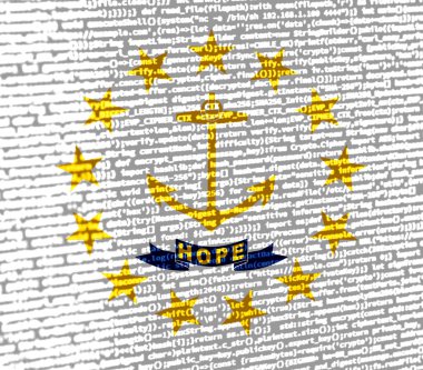 Teknoloji arka planında Rhode Island bayrağı olan dijital bir kavram. Rhode Island siber güvenlik, programlama ve dijital egemenlik bağlamında. Rhode Isl 'daki site geliştirmenin sembolik görüntüsü