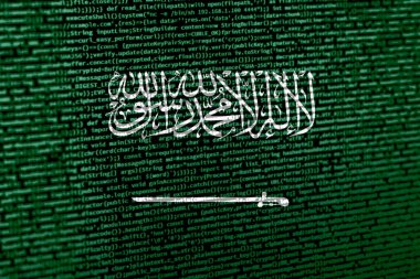 Teknoloji geçmişinde Suudi Arabistan bayrağı olan dijital bir kavram. Siber güvenlik, programlama ve dijital egemenlik bağlamında Suudi Arabistan. Suudi Ara 'da site geliştirmenin sembolik görüntüsü