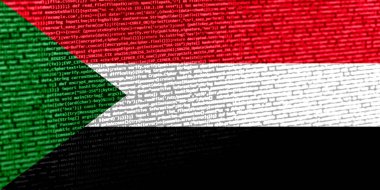 Teknik arkaplanda Sudan bayrağı olan dijital bir kavram. Sudan siber güvenlik, programlama ve dijital egemenlik bağlamında. Sudan 'da site geliştirmenin sembolik görüntüsü.