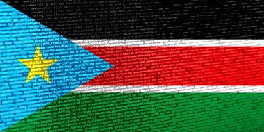 Teknoloji arka planında Güney Sudan bayrağı olan dijital bir kavram. Güney Sudan siber güvenlik, programlama ve dijital egemenlik bağlamında. Güney Sudan 'daki inşaat alanının sembolik görüntüsü