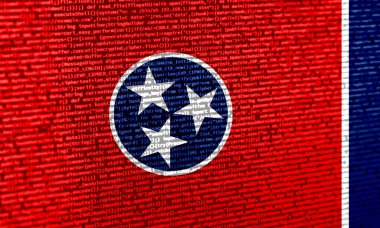 Teknik arkaplanda Tennessee bayrağı olan dijital bir kavram. Siber güvenlik, programlama ve dijital egemenlik bağlamında Tennessee. Tennessee 'deki site geliştirmenin sembolik görüntüsü.