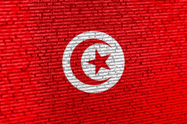 Teknoloji arka planında Tunus bayrağı olan dijital bir kavram. Sanal güvenlik, programlama ve dijital egemenlik bağlamında Tunus. Tunus 'taki site geliştirmenin sembolik görüntüsü.