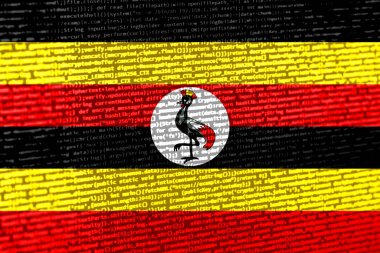 Teknoloji arka planında Uganda bayrağı olan dijital bir kavram. Siber güvenlik, programlama ve dijital egemenlik bağlamında Uganda. Uganda 'da site geliştirmenin sembolik görüntüsü.