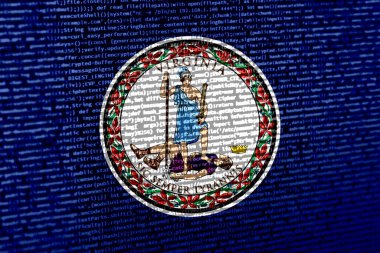 Teknoloji arka planında Virginia bayrağı olan dijital bir kavram. Sanal güvenlik, programlama ve dijital egemenlik bağlamında Virginia. Virginia 'daki site gelişiminin sembolik görüntüsü.