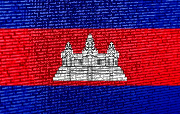 Teknoloji geçmişinde Kamboçya bayrağı olan dijital bir kavram. Siber güvenlik, programlama ve dijital egemenlik bağlamında Kamboçya. Kamboçya 'daki site geliştirmenin sembolik görüntüsü.