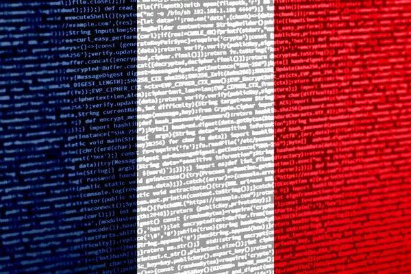 Teknoloji arka planında Fransa bayrağı olan dijital bir kavram. Siber güvenlik, programlama ve dijital egemenlik bağlamında Fransa. Fransa 'daki site gelişiminin sembolik görüntüsü.