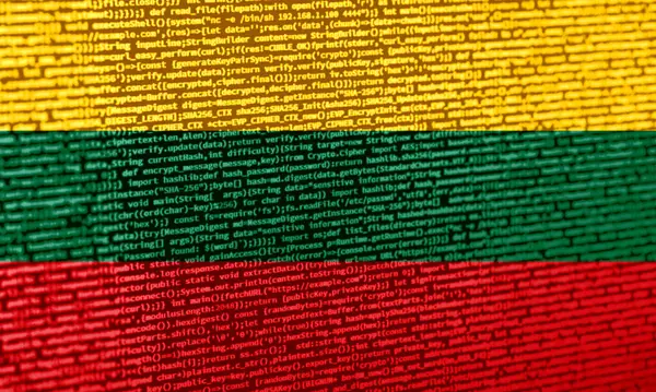 Teknoloji arka planında Litvanya bayrağı olan dijital bir kavram. Litvanya, siber güvenlik, programlama ve dijital egemenlik bağlamında. Litvanya 'da site geliştirmenin sembolik görüntüsü.